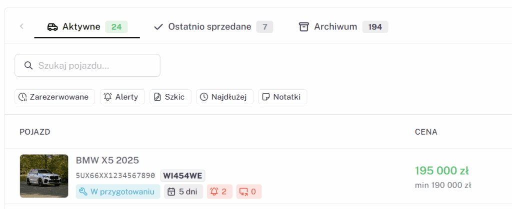Panel zarządzania pojazdami w DealerApp